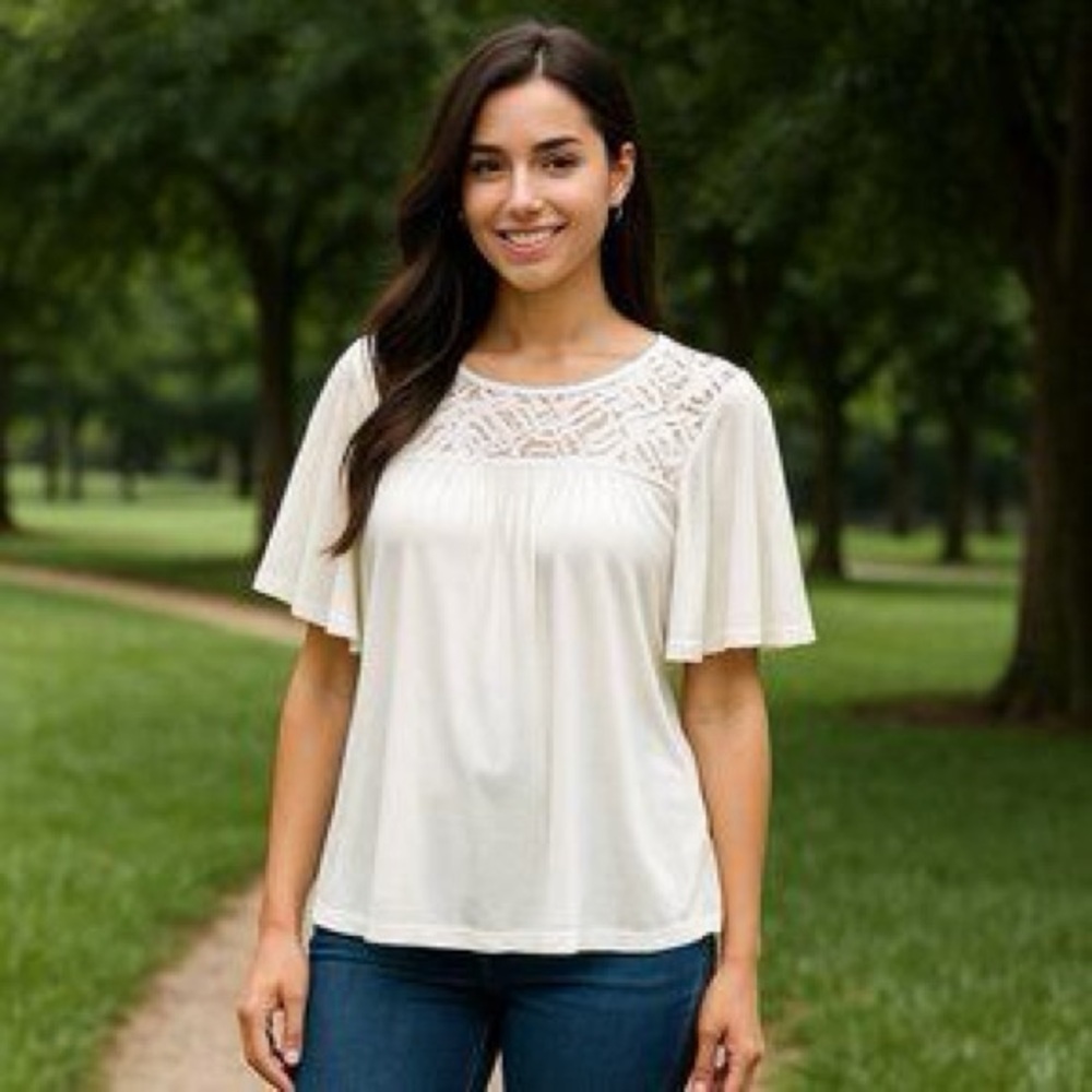 Adrianna Papell White Top with Sheer Lace Yoke